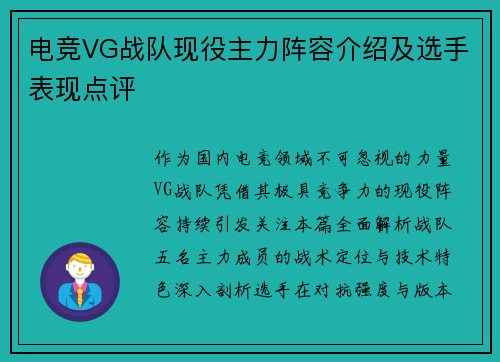 电竞VG战队现役主力阵容介绍及选手表现点评