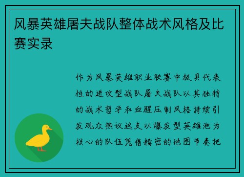 风暴英雄屠夫战队整体战术风格及比赛实录