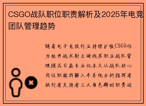 CSGO战队职位职责解析及2025年电竞团队管理趋势